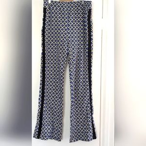 Maeve by Anthropologie. Cobalt blue, white and black patterned flared pants.